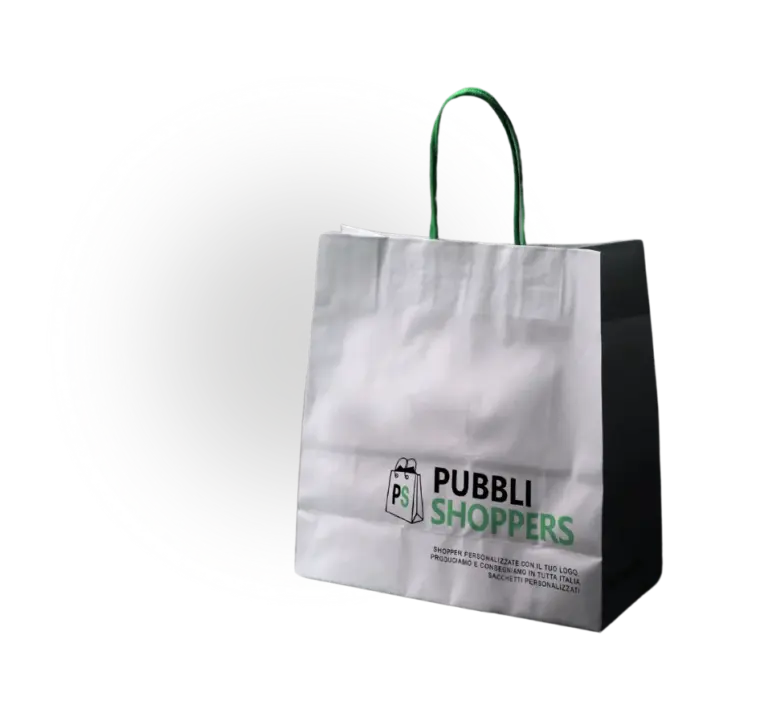 Shopper personalizzato bianco con manico cordino verde e logo Pubblishoppers stampato