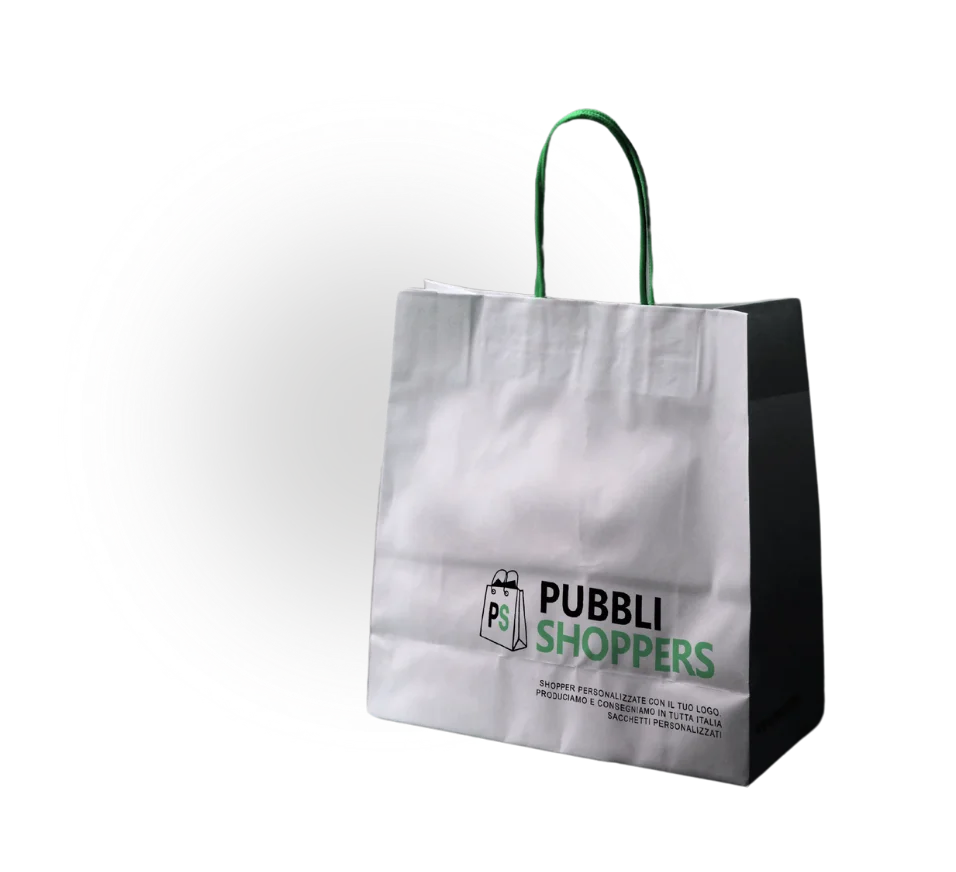 Shopper personalizzato bianco con manico cordino verde e logo Pubblishoppers stampato